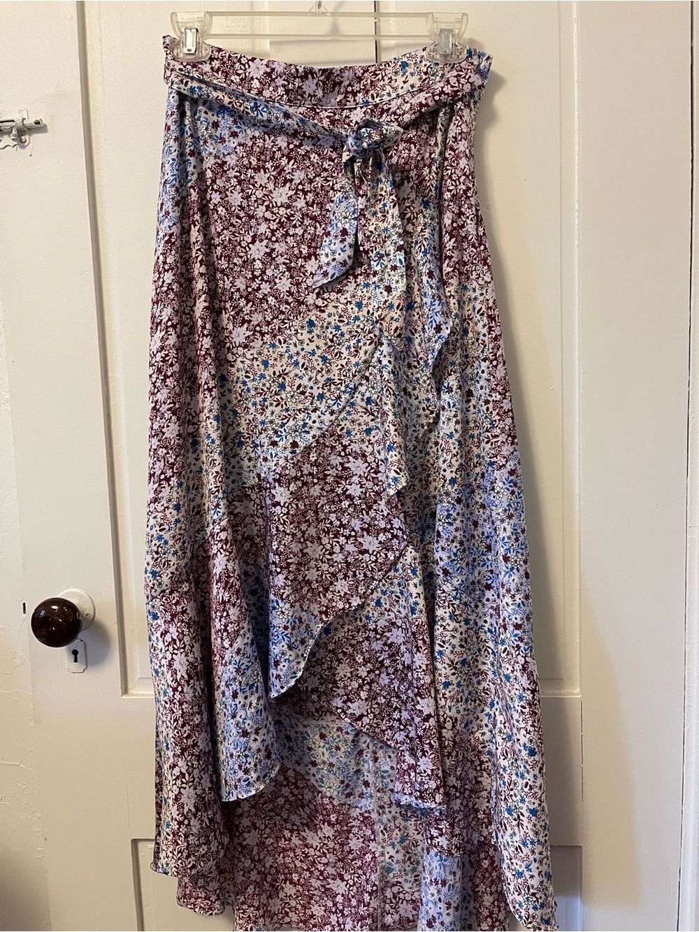 Halston Heritage Floral Wrap Maxi Skirt in Burgundy and Light Blue